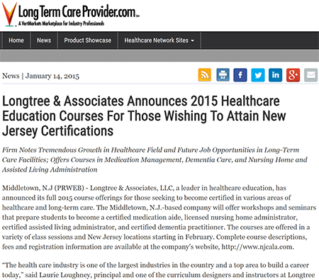 Longtree & Associates Announces 2015 Healthcare Education Courses For Those Wishing To Attain New Jersey Certifications